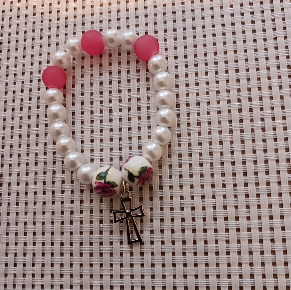 Pink and White Beaded Bracelet with Cross Charm